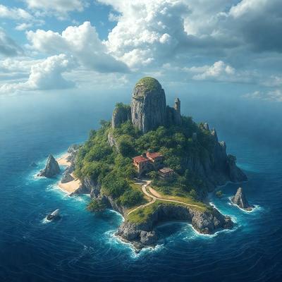 The primary subject of the image is a small island with a castle-like structure on top of it. The island is surrounded by water, and the castle appears to be a part of a larger island. The setting is a blue ocean, and the visual style is a digital art or illustration. The colors and mood of the image are predominantly blue, creating a serene and peaceful atmosphere.